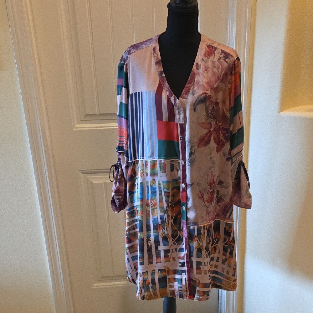 John Mark Multi Print Silky Colorful Folkloric Shirt Tunic, Size 1X